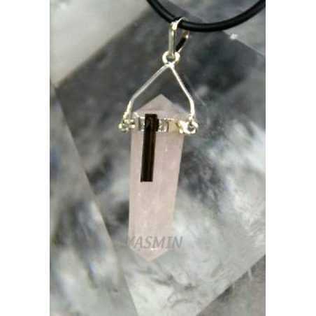 Pendentif Biterminé Pointer Quartz Rose avec Bâton de Tourmaline
