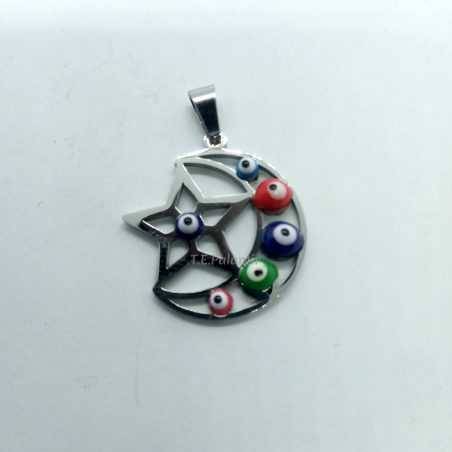 Moon - Star with Turkish Eye Stainless Steel Pendant