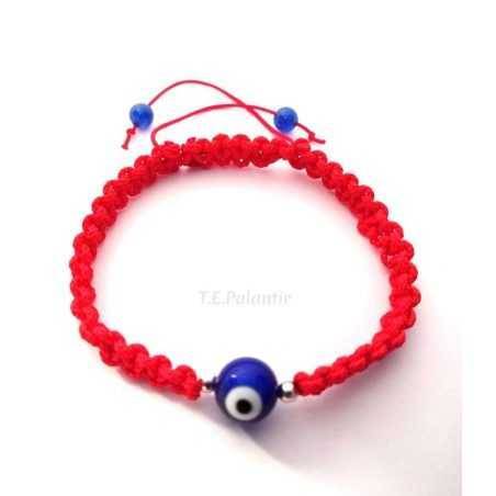 pulsera ojo turco color roja de macramé nudo plano.