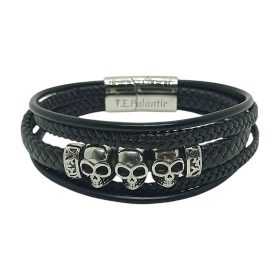 Bracelet tête de mort en cuir et acier inoxydable pour homme