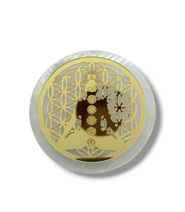 Plaque de sélénite avec gravure de chakra et Bouddha doré